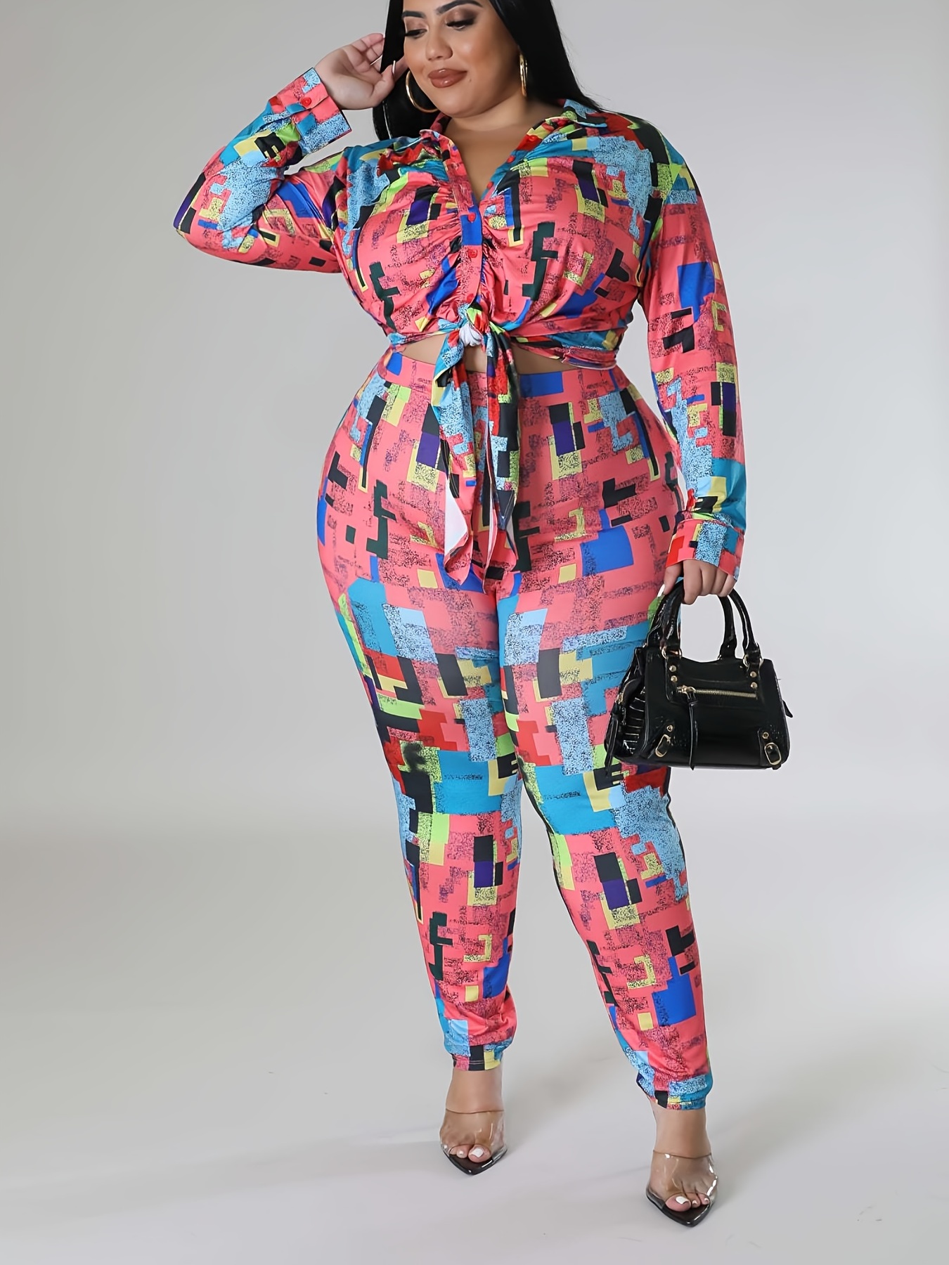 New Lapel Shirt 2 Piece Sets Women Outfits Fashion Print Long