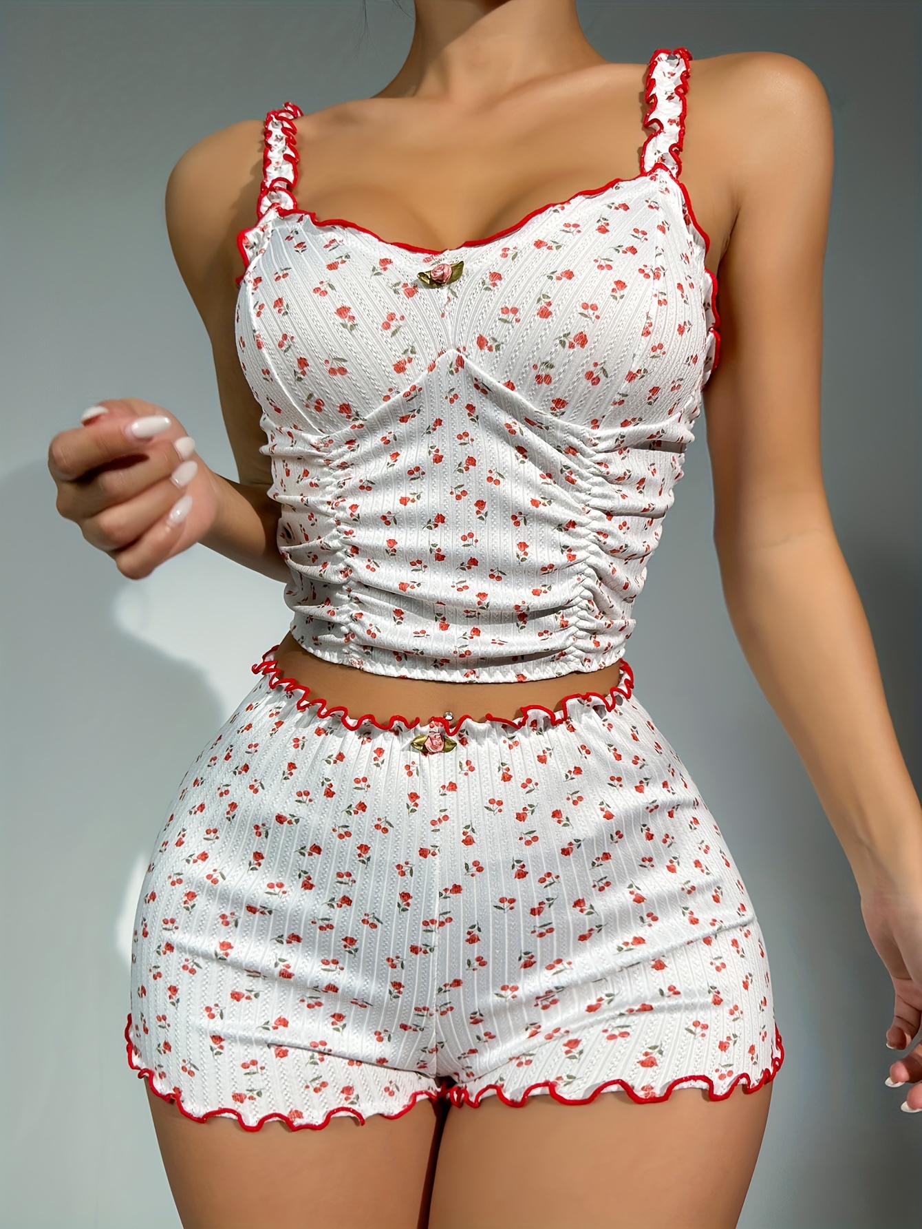 Floral Print Pajama Set Cute Cami Crop Top Lettuce Trim - Temu