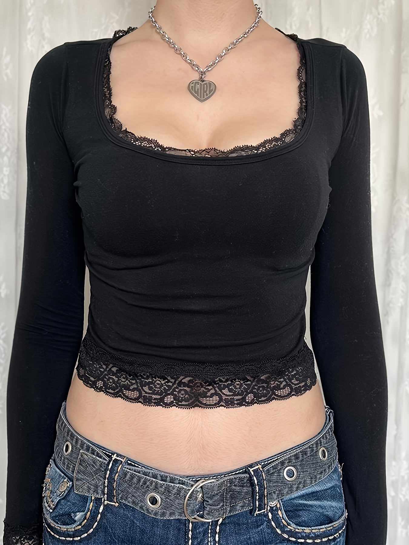 Body De Encaje De Manga Larga, Body Informal Con Cuello En V, Ropa De Mujer