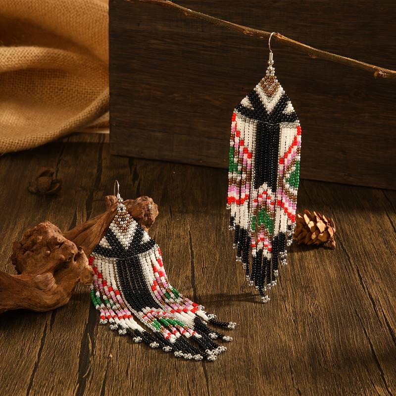 Boho Handmade Tribal Earrings - Large Native American Style Seed Beads - Black & White