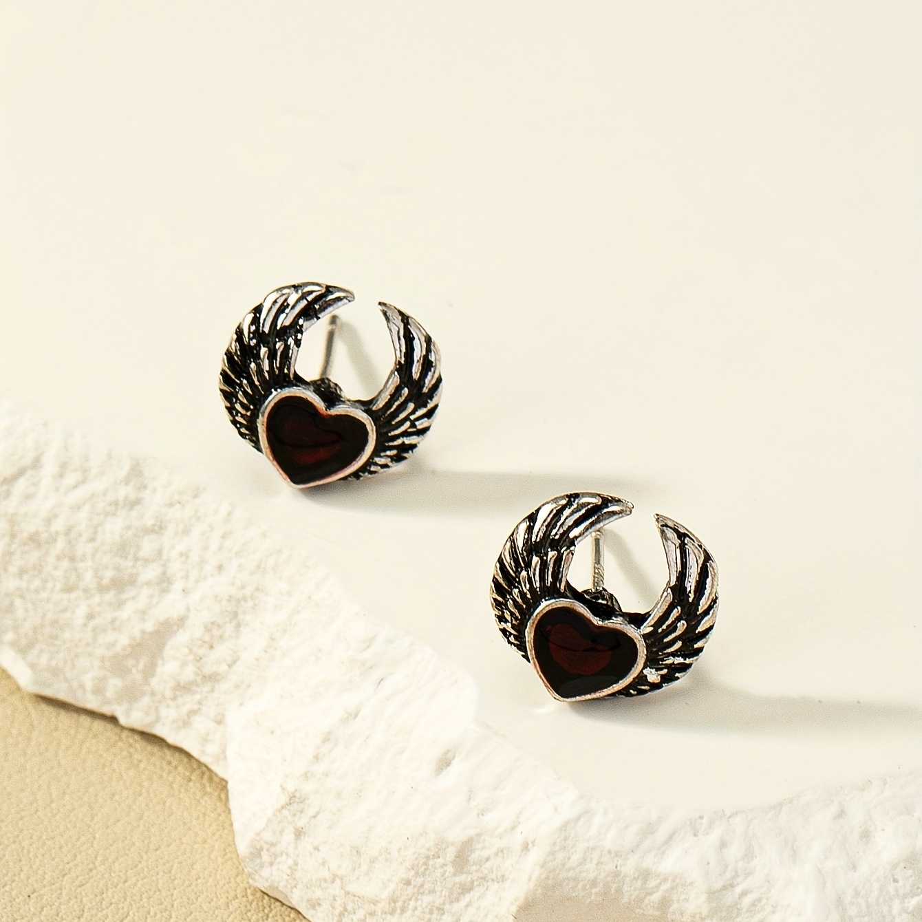 Gothic Enamel Red Heart Wings Stud Earrings