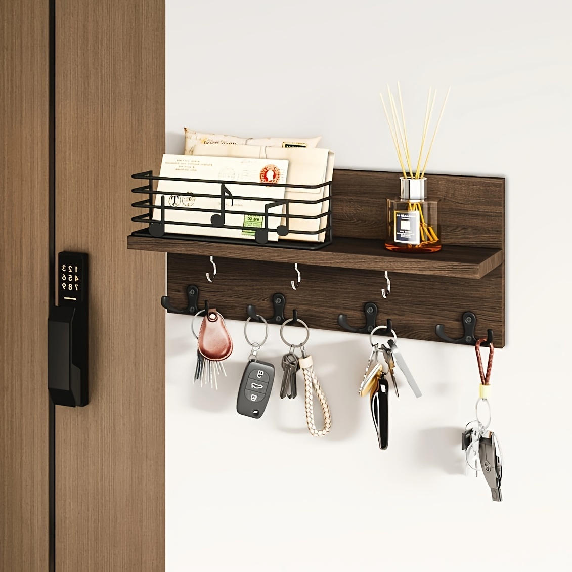  NAUMOO Soporte para llaves de madera natural, organizador de  correo montado en la pared y colgador de llaves, estante rústico de entrada  de granja con 4 ganchos dobles, estante decorativo para