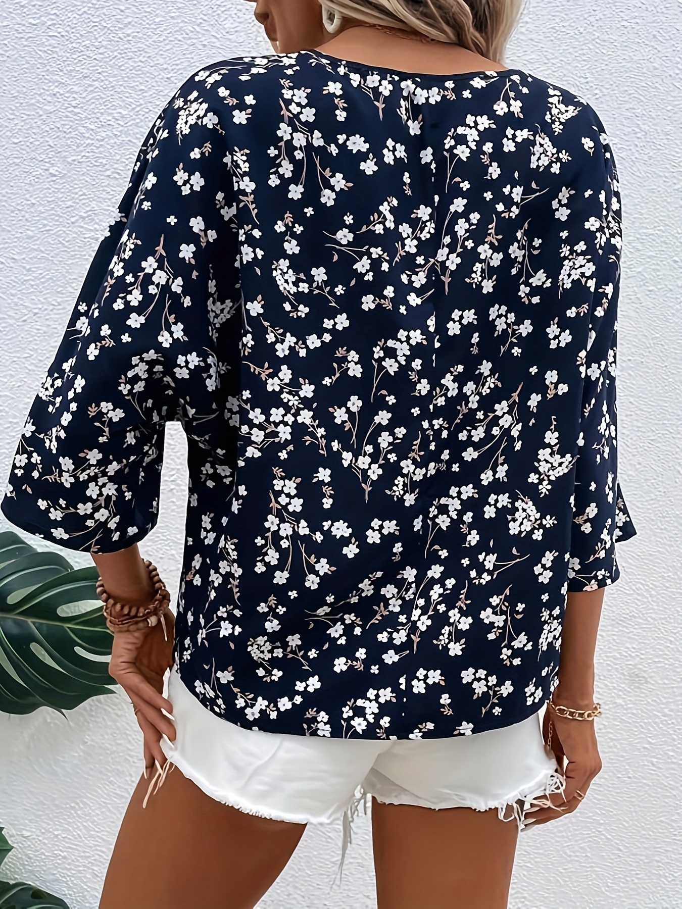 Блузка с V-образным вырезом с цветочным принтом, повседневная блузка с рукавами 3/4 на весну и осень, женская одежда