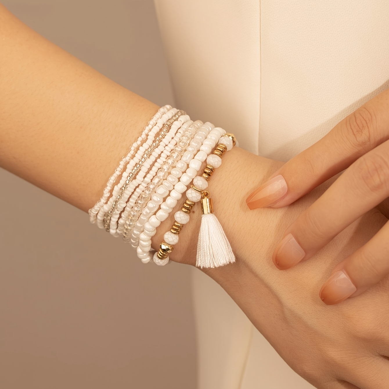 

9pcs Tassel Pendant Beaded Bracelet Set Boho Style Hand String Jewelry Decoration For Women
