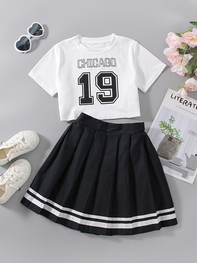 2pcs Girls Short Sleeve Crew Neck Number Print T Shirt Crop Top Pleated  Skirt Set Kids Clothes - Clothing, Shoes & Jewelry - Temu