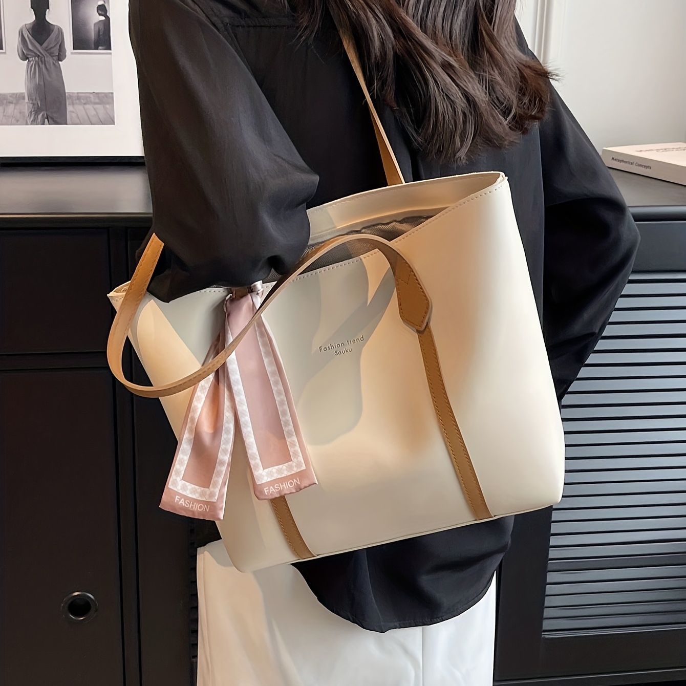 Color Contrast Tote Bag, Scarf Decor Shoulder Bag, Women's Large