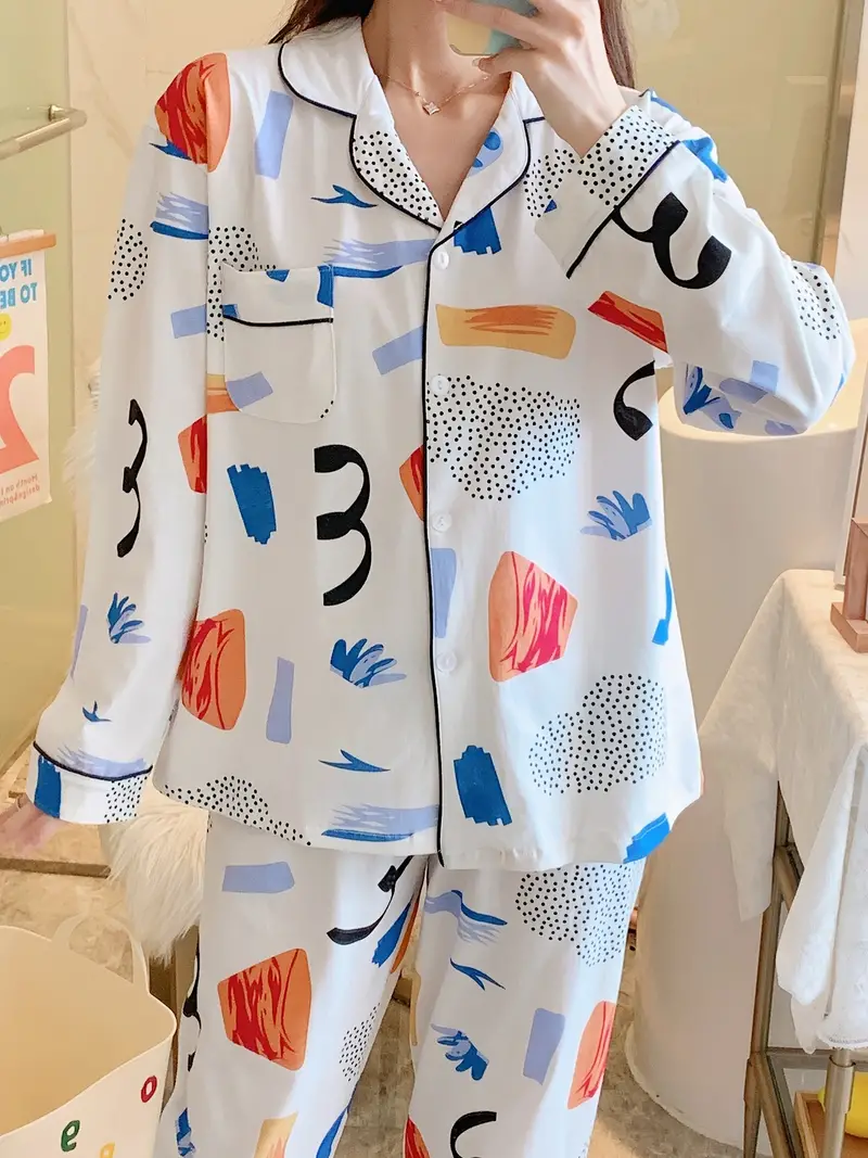 Cozy Funny Pattern Pajamas Long Sleeve Lapel Blouse Pajama - Temu Canada