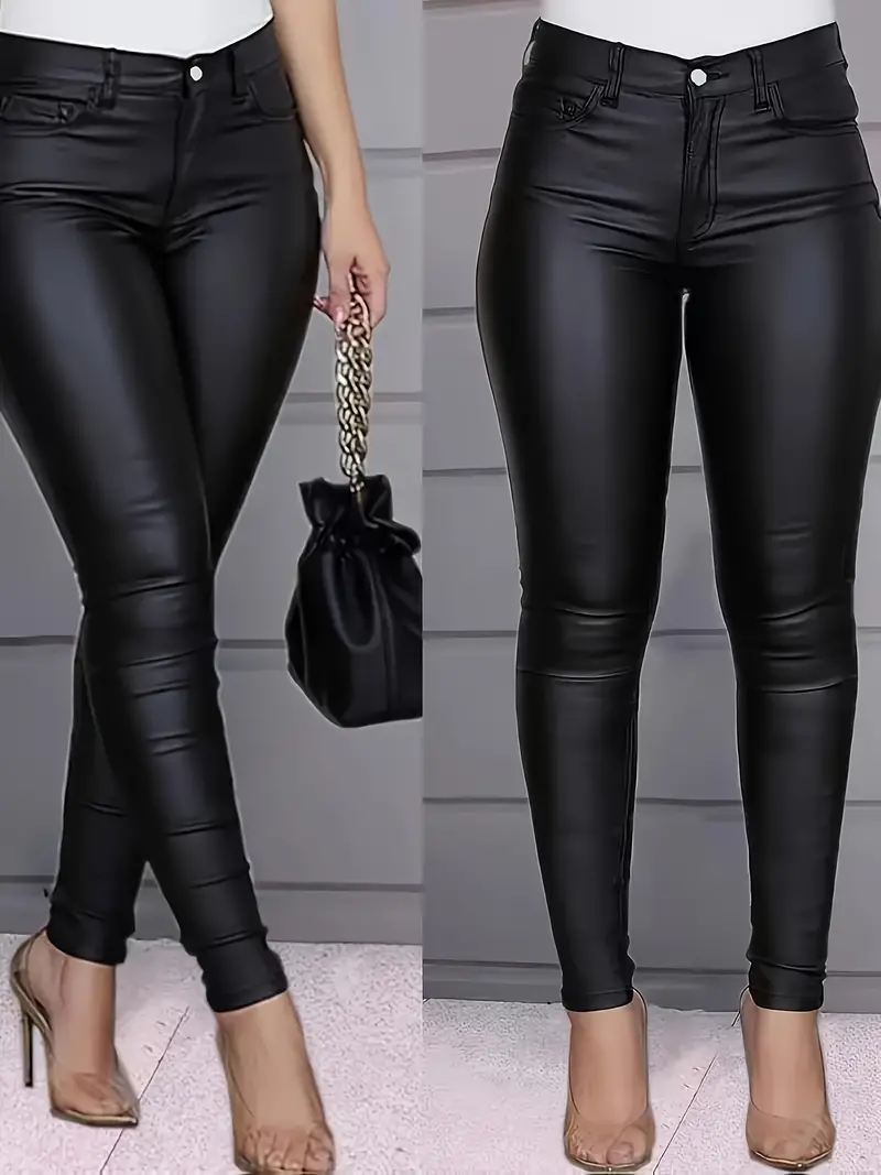 Black Leather Look Skinny Jeans High stretch Single Button - Temu