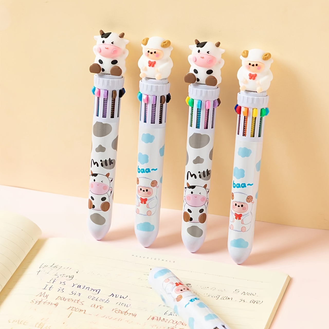 Cute Cow Pen Set 12 Cow Retractable Gel Ink Pens, 2 Cute Cow Pen 0.5 mm  Retractable Black Gel Ink Pens, 2 Cow Sticky Notes, Cute Cow Stickers for