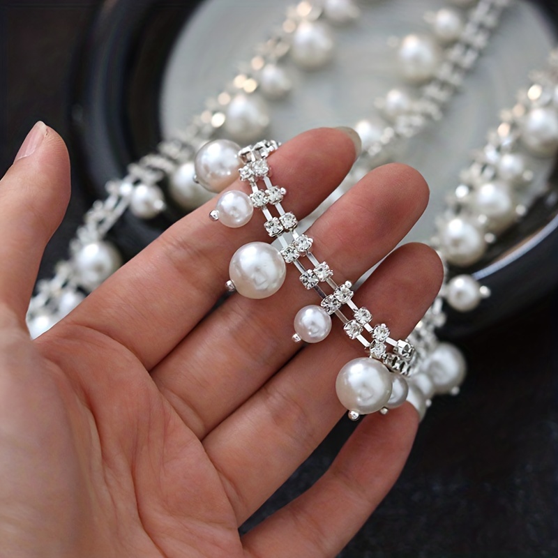 1pc Faux Pearl Beads With Glass Rhinestone Chain For DIY Clothes Decoration  Drill Tassel Size Chain Jewelry Accessories Wedding Dress Skirt Bag Etc