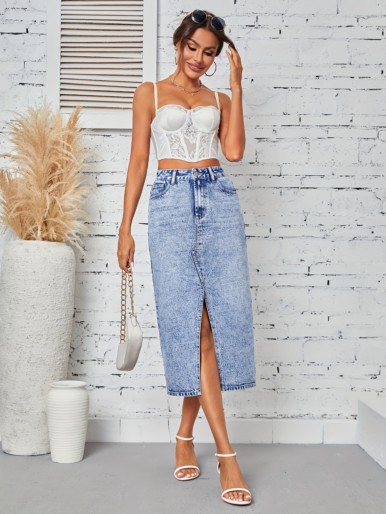 Split Front Deep Blue Slash Pocket Denim Skirt, Causal Washed Zipper Button  Closure Long Denim Skirt, Women's Denim Jeans & Clothing