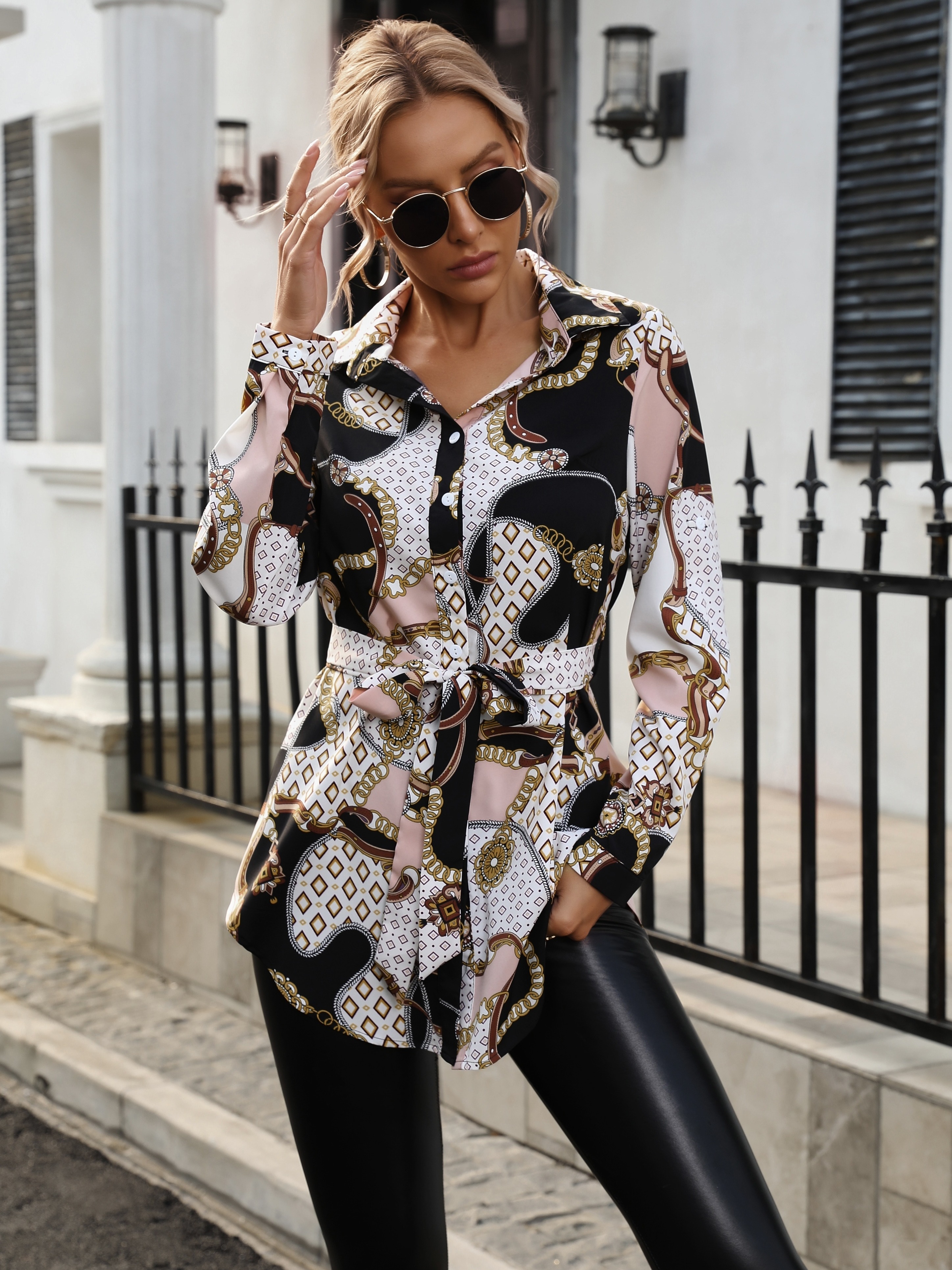 Women's Button Shirts Long Sleeve Chain Print Belted Blouse - Temu