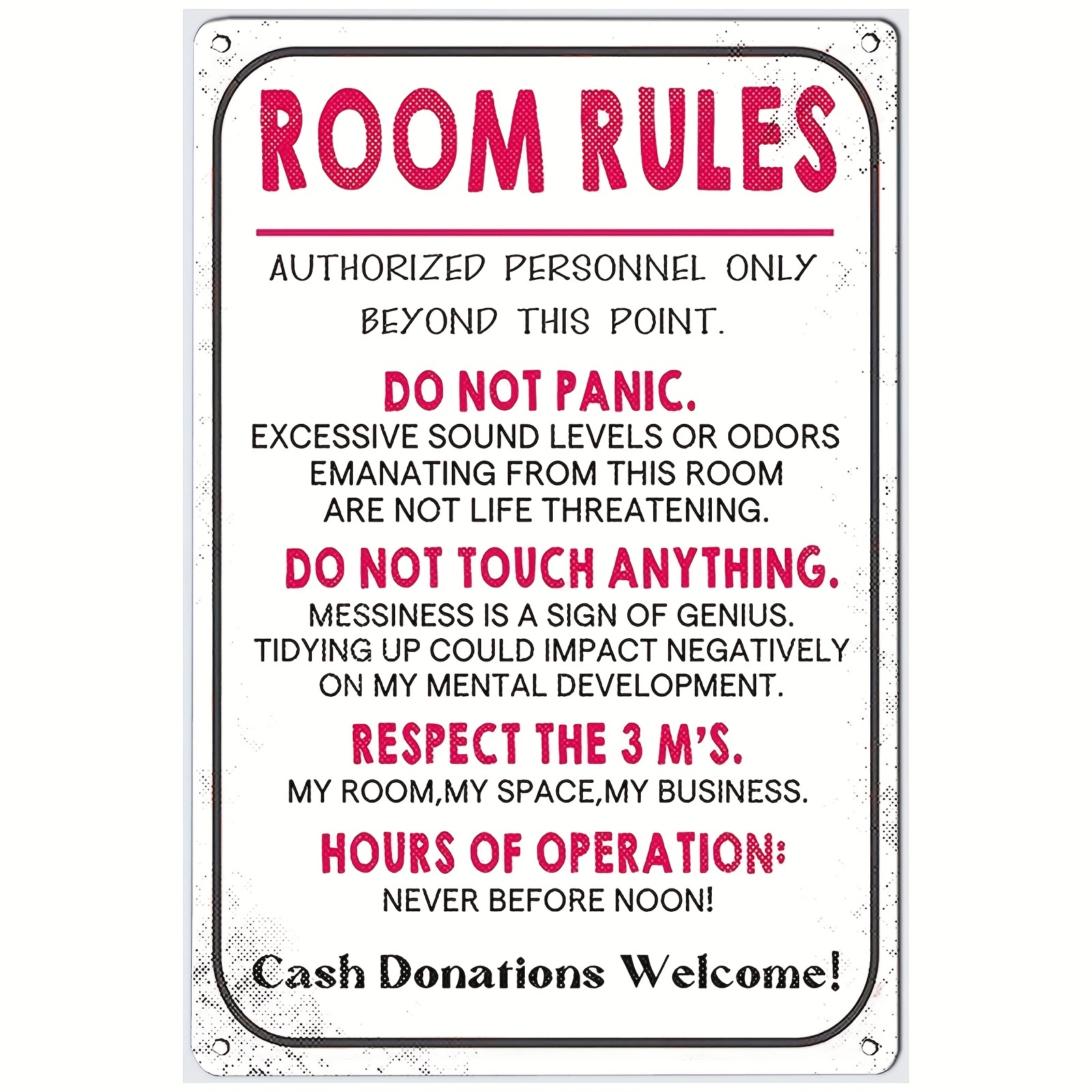 1pc, Funny Room Rules for Teen Girls - Trendy Metal Tin Signs for Teen Boys  and Girls - Cool Decor for Man Cave, Garage, and Bar - 8x12 Inches
