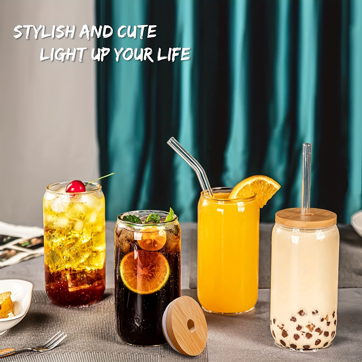 Glass Cups with Bamboo Lids and Glass Straws Set-16oz Can Shaped Drinking  Glasses, Glasses, Iced Coffee Glasses, Cute Tumbler Cup, Ideal for Whiskey, Cocktail,Wine,Gift-2 Cleaning Brushes
