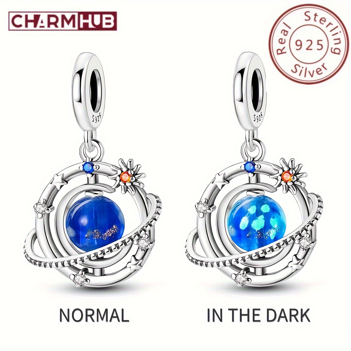 

Charmhub 100% 925 Sterling Silver Blue Luminous Glass Planet Planetary Universe Star Sun Pendant Charm Fit Original Bracelet Necklace Beads For Diy Jewelry Making Valentine's Day Gift For Girl