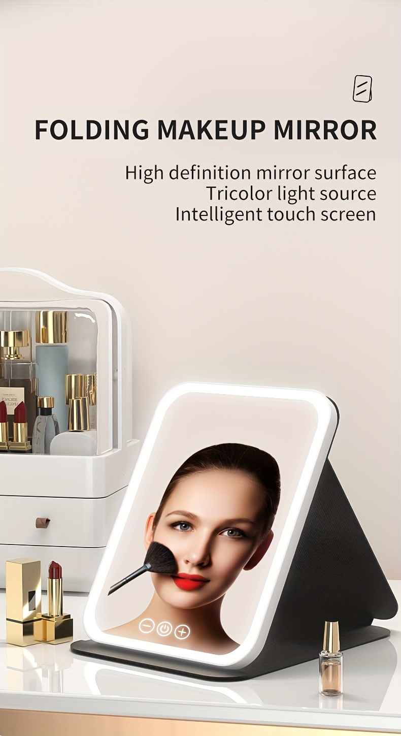 makeup mirror with lights folding lighted beauty mirror 3 color lighting dimmable touch screen rechargeable tabletop led cosmetic vanity mirror details 0