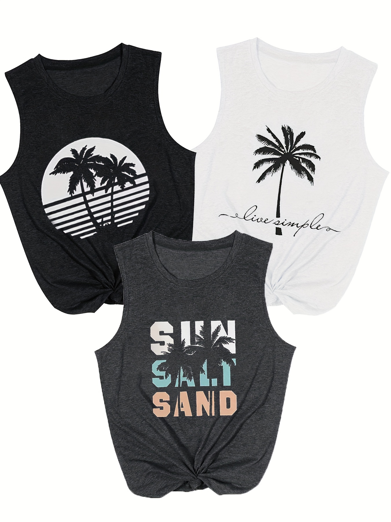 Coconut Trees Print Tank Top Set Sleeveless Crew Neck Casual Temu