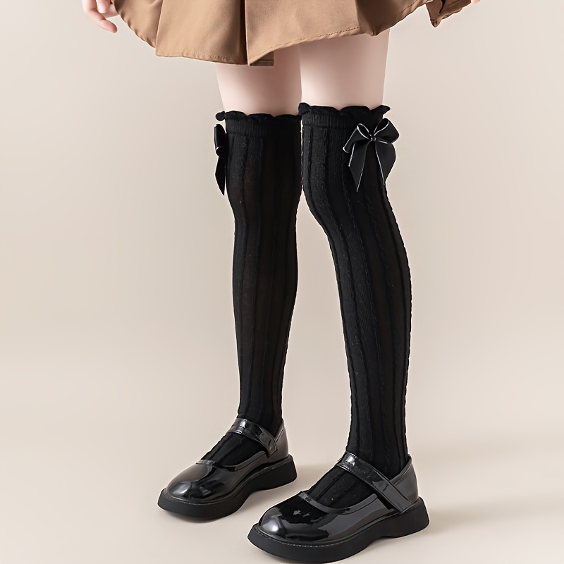 Image of 1 Pair Girls' Knee-high Socks With Bow Accents - Soft Stretchy Polyester-spandex Blend, Ribbed Texture, Solid Style Stockings For Wear, Hand Wash Only, Knee High Socks, Socks, Decorative Bow Detail