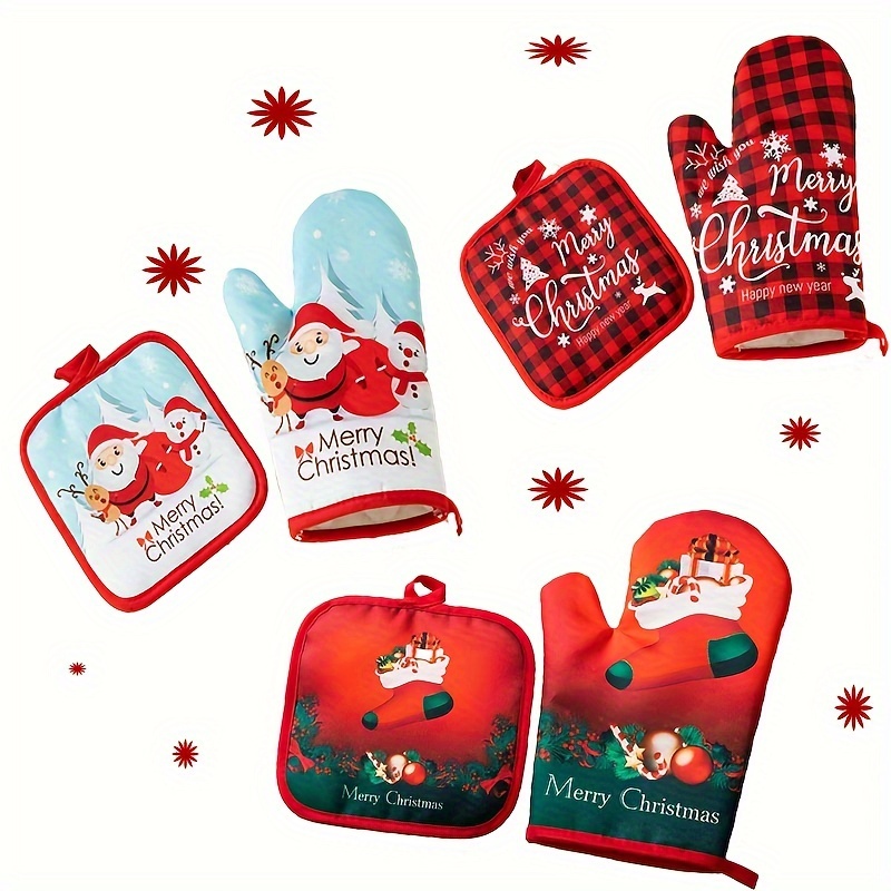 Cute Pink Santa Claus Oven Mitts and Pot Holders Set Merry Christmas  Kitchen Oven Gloves Hot Pads Heat Resistant Handling Cooking Cookware  Bakeware
