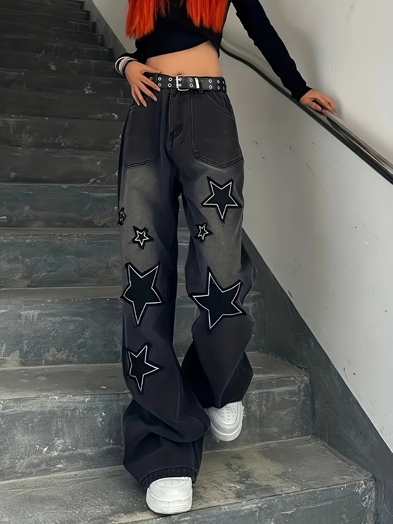 Star Pattern Chic Baggy Jeans Loose Fit Slant Pockets Wide - Temu
