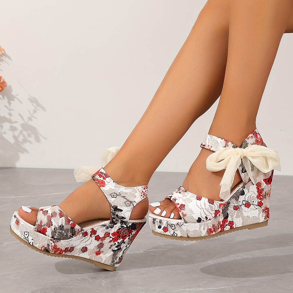 Women's Bowknot Wedge Sandals Floral Print Peep Toe Ankle - Temu