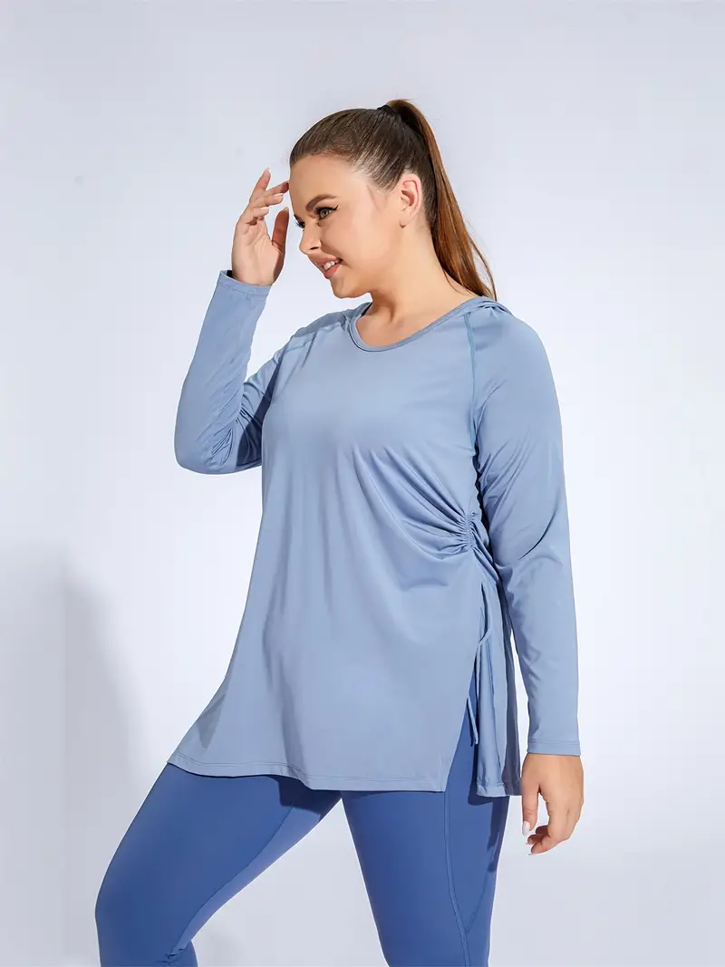 Plus Size Quick-dry Hoodie Side Slit Long Sleeve Running Yoga Activewear  Tops, Women's Plus Medium Stretch Solid Workout Sporty T-shirt
