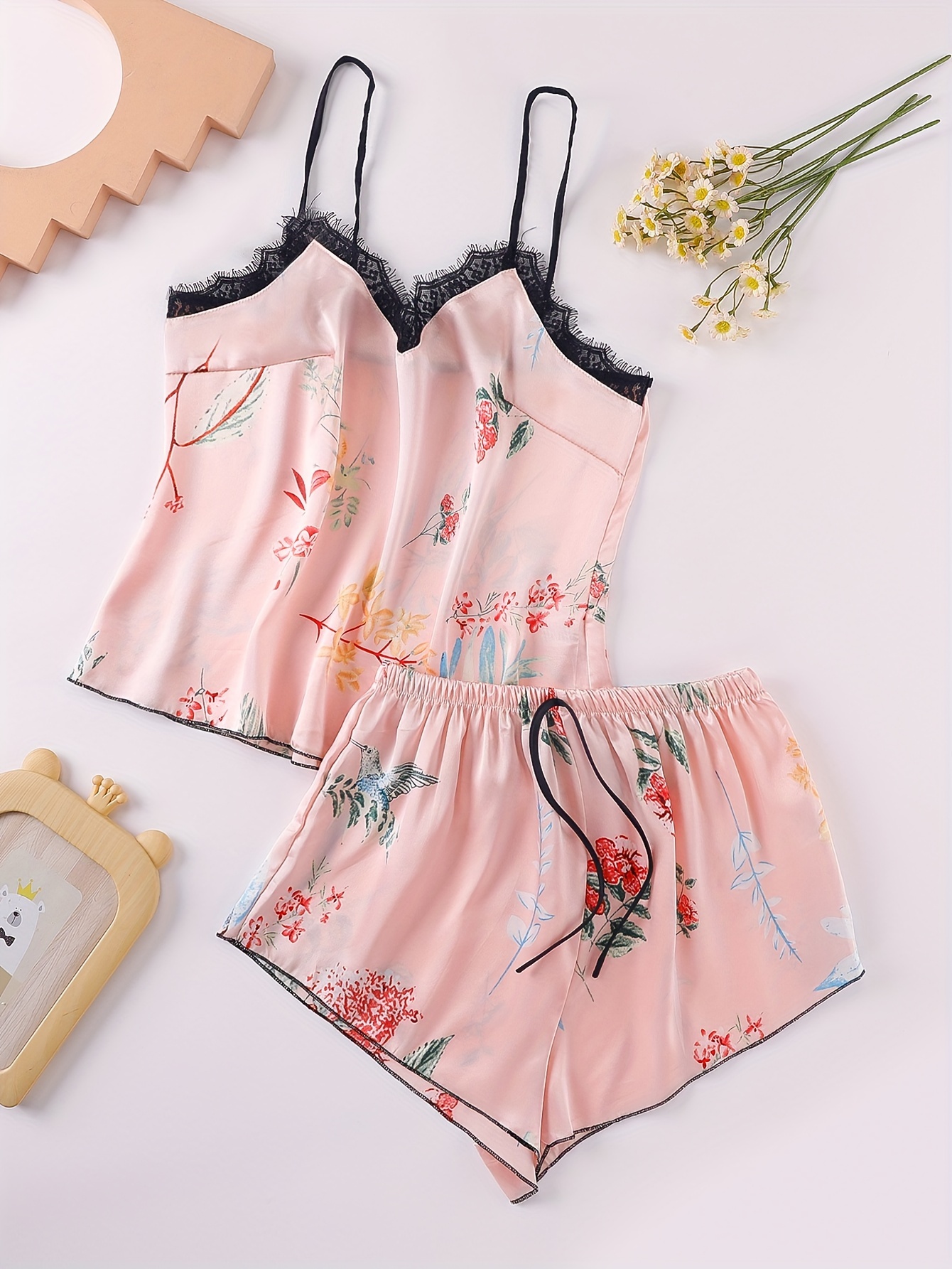 Casual Ditsy Floral Print Lace Trim Pajama Set V Neck Cami - Temu