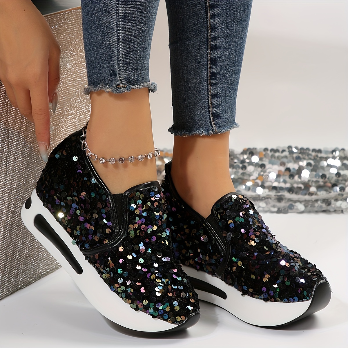 Womens Platform Shoes Casual Shoes Glitter Upper Sneakers Walking Fitness  Shoes