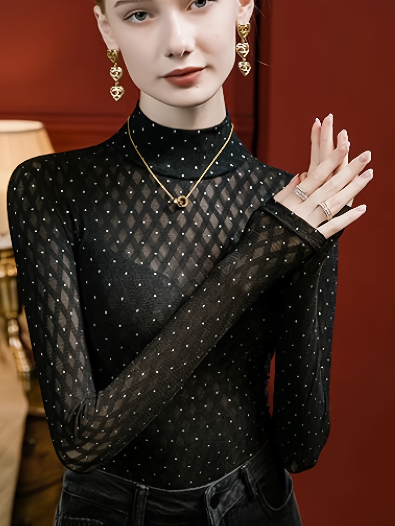 Women Pearl Top Sheer Mesh Long Sleeve Pearl Shirt Cover Up Black S at   Women's Clothing store