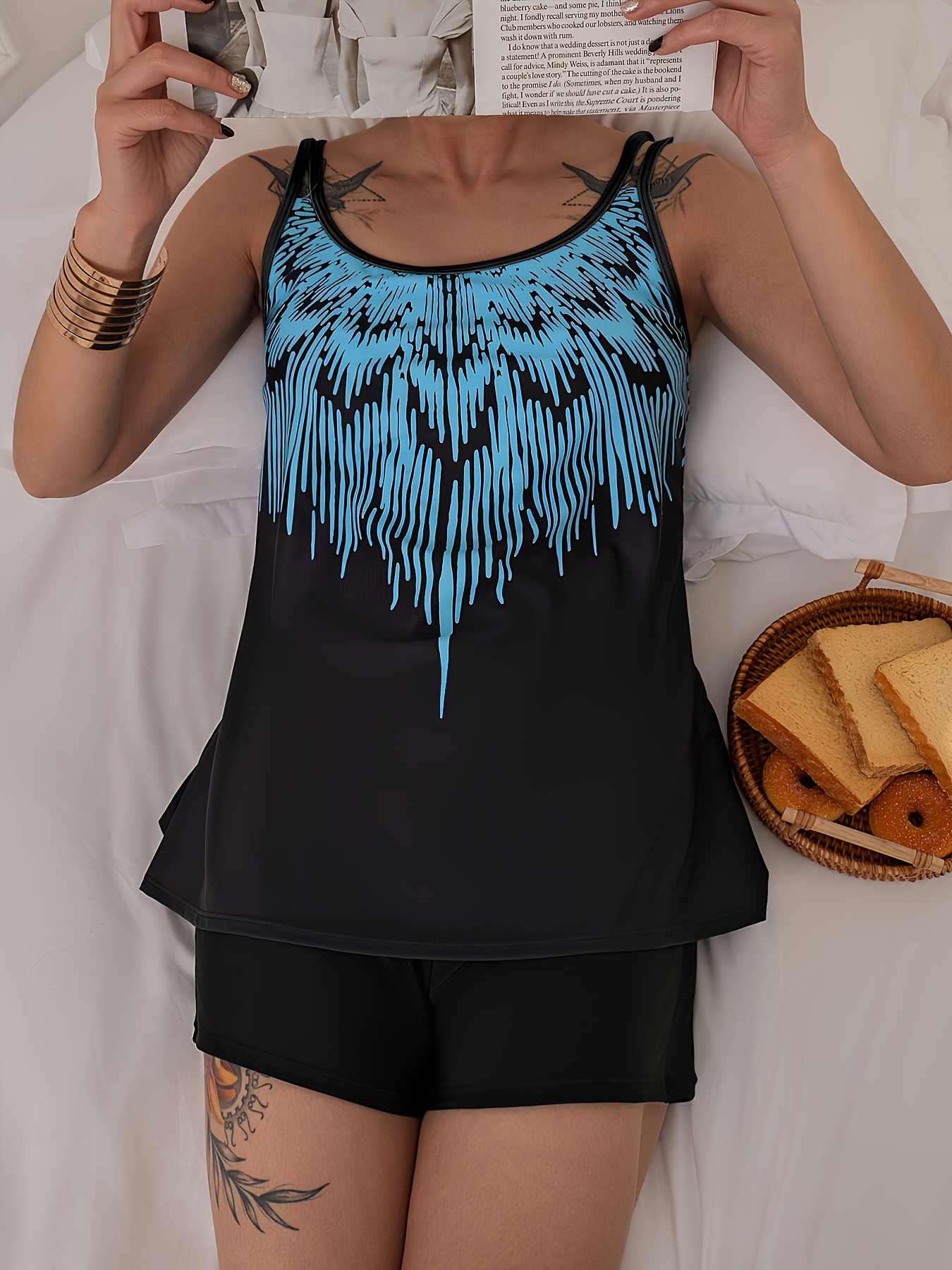 Cyan Black Color Block Scoop Neck Tankini Stretchy Hollow - Temu