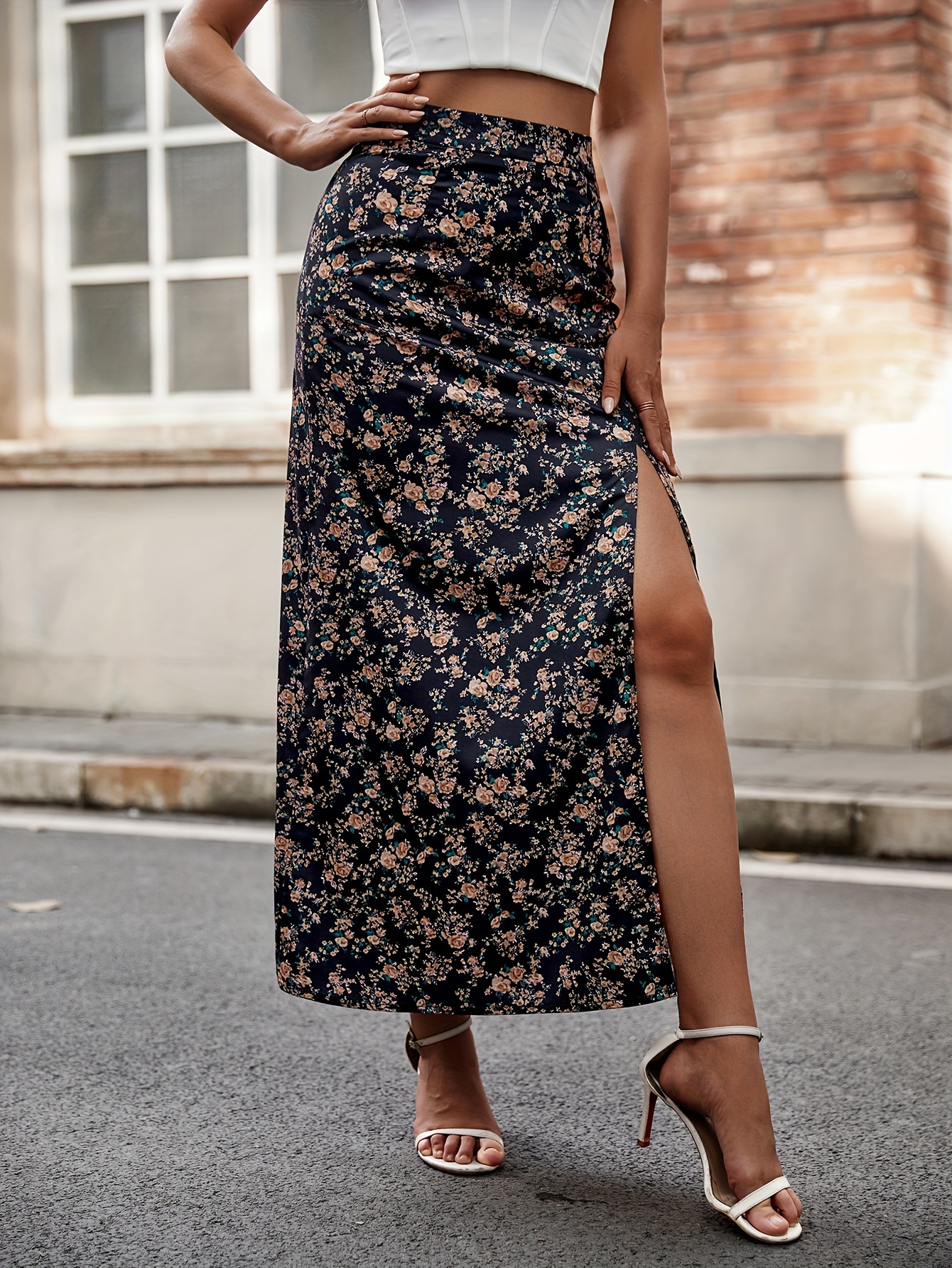 Floral Print Side Split Skirt Elegant High Waist Maxi Skirt - Temu Canada