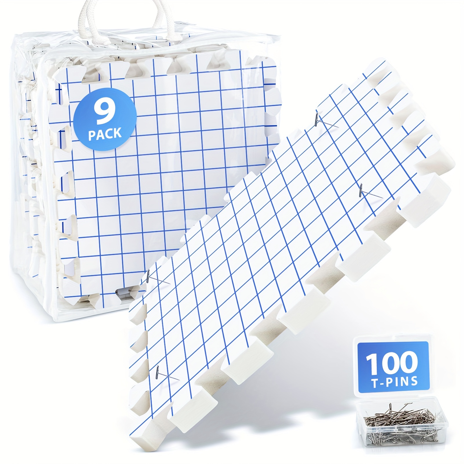 Knitiq Blocking Mats for Knitting - Extra Thick Blocking Boards with Grids with 100 T-Pins and Storage Bag for Needlework or Crochet