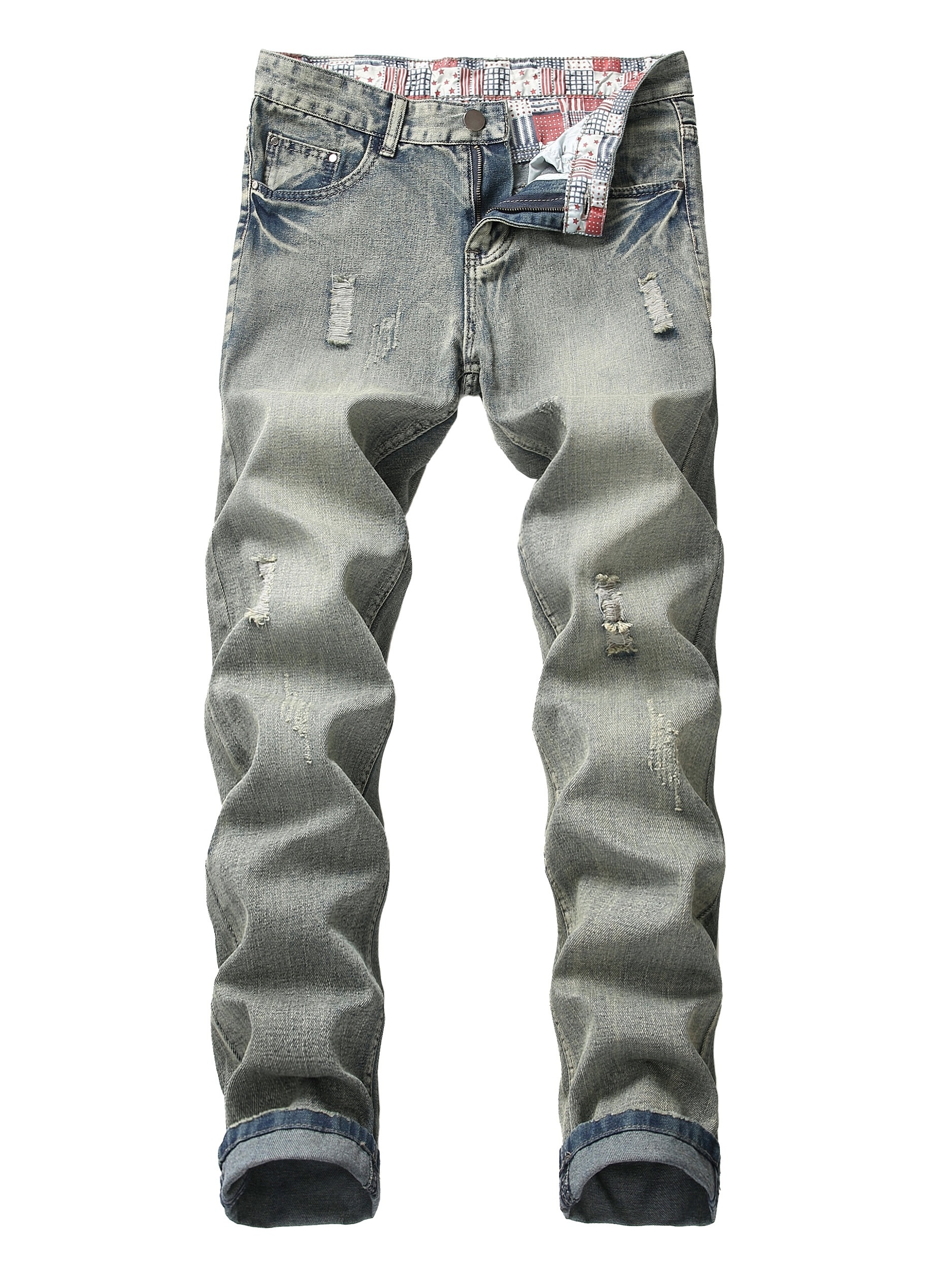Men's Ripped Distressed Slim Straight Faded Light-colored Denim Jeans ...