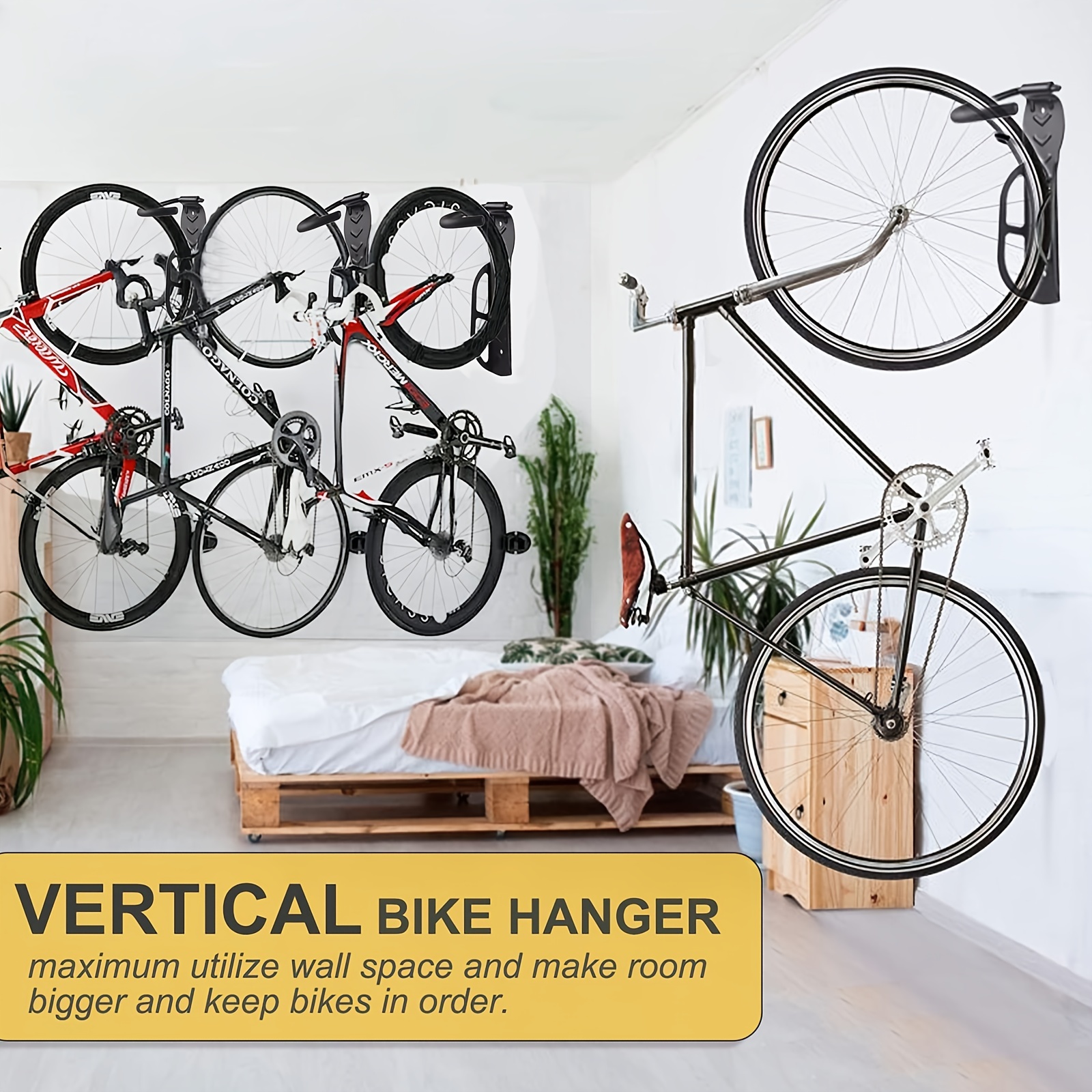 Porte-vélos mural, crochets utilitaires de rangement de garage robustes,  attelage vertical