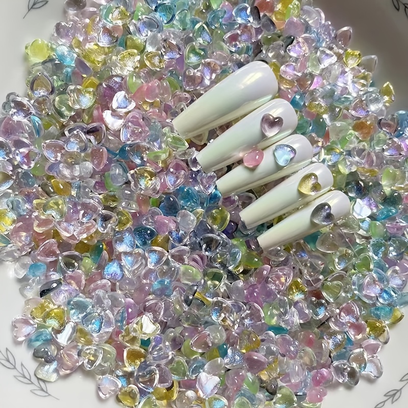 400PCS Heart Nail Charms Colorful Heart Nail Rhinestones 3D Aurora Heart  Nail Gems Shiny Flat Back Nail Heart Crystal Charms For Women Girls Acrylic  N