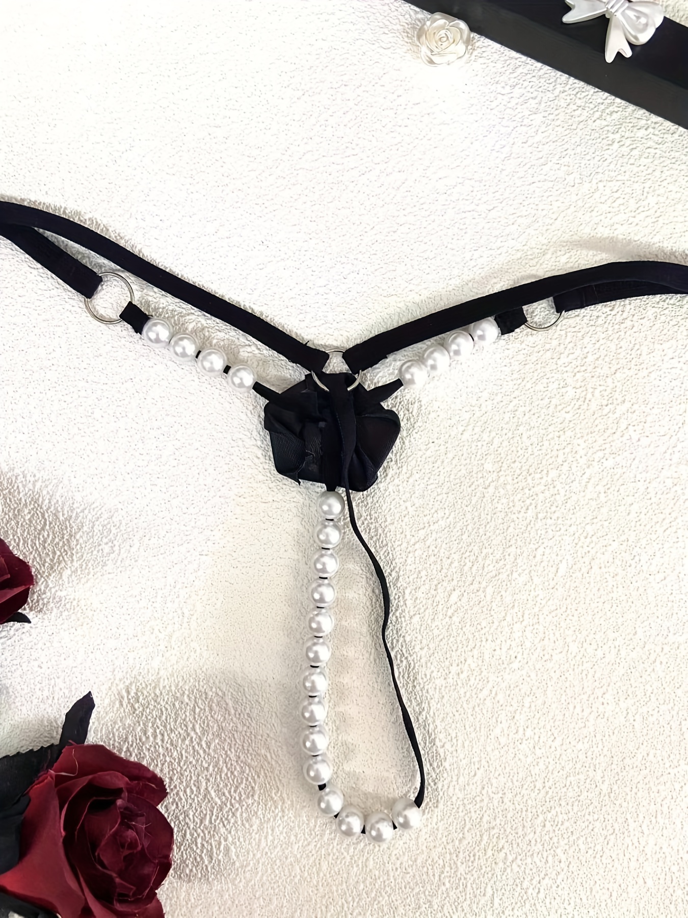 Flower Decor Thongs Sheer Ring Linked Faux Pearl Panties - Temu