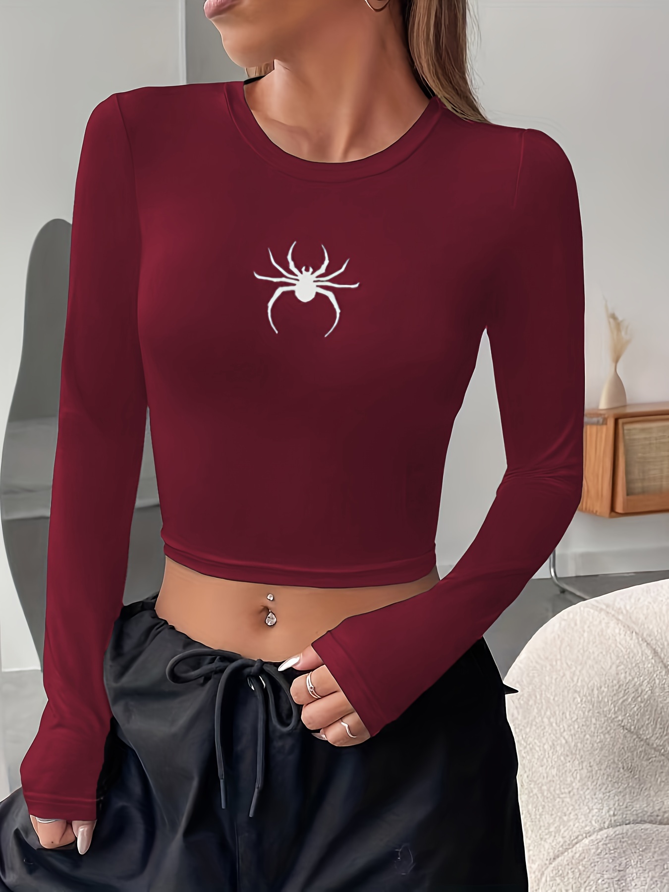 Cobweb Print Crew Neck Long Sleeve T shirt Party Spring Fall - Temu