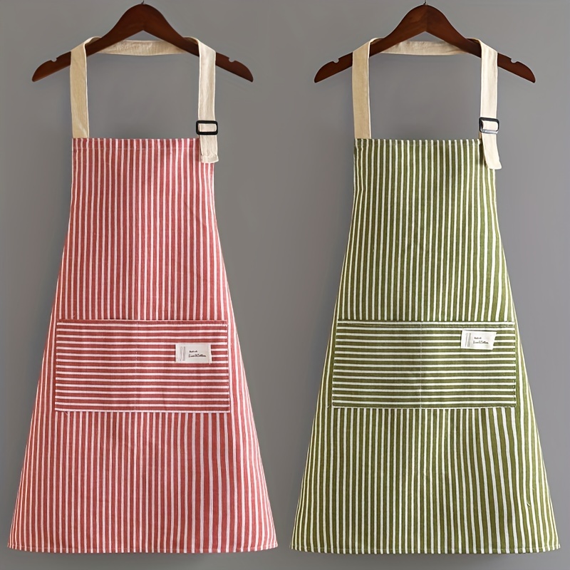 

1pc, Linen Waterproof Apron, Red Green White Striped Apron, Kitchen Household Adult Apron, Breathable Fashion Waterproof Apron, Kitchen Supplies