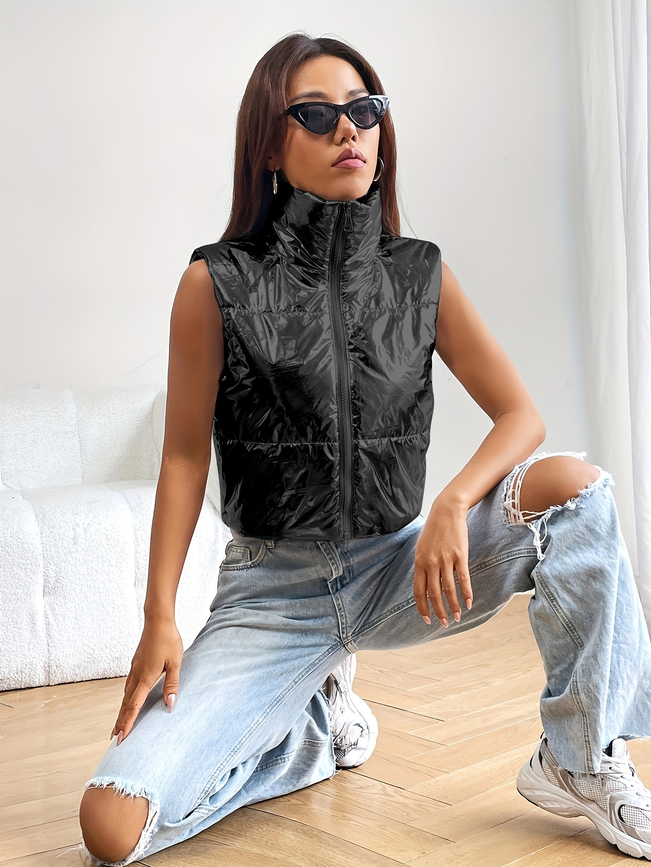 High Neck Solid Vest Coat, Casual Zip Up Sleeveless Outerwear, Women's  Clothing