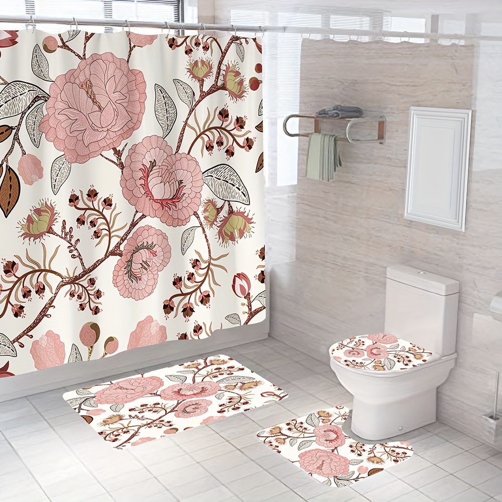 4pcs Bohemian Flower Bathroom Set, Waterproof Shower Curtain With 12 Hooks,  Non-Slip Bathroom Rug, Toilet U-Shape Mat, Toilet Lid Cover Pad, Aesthetic