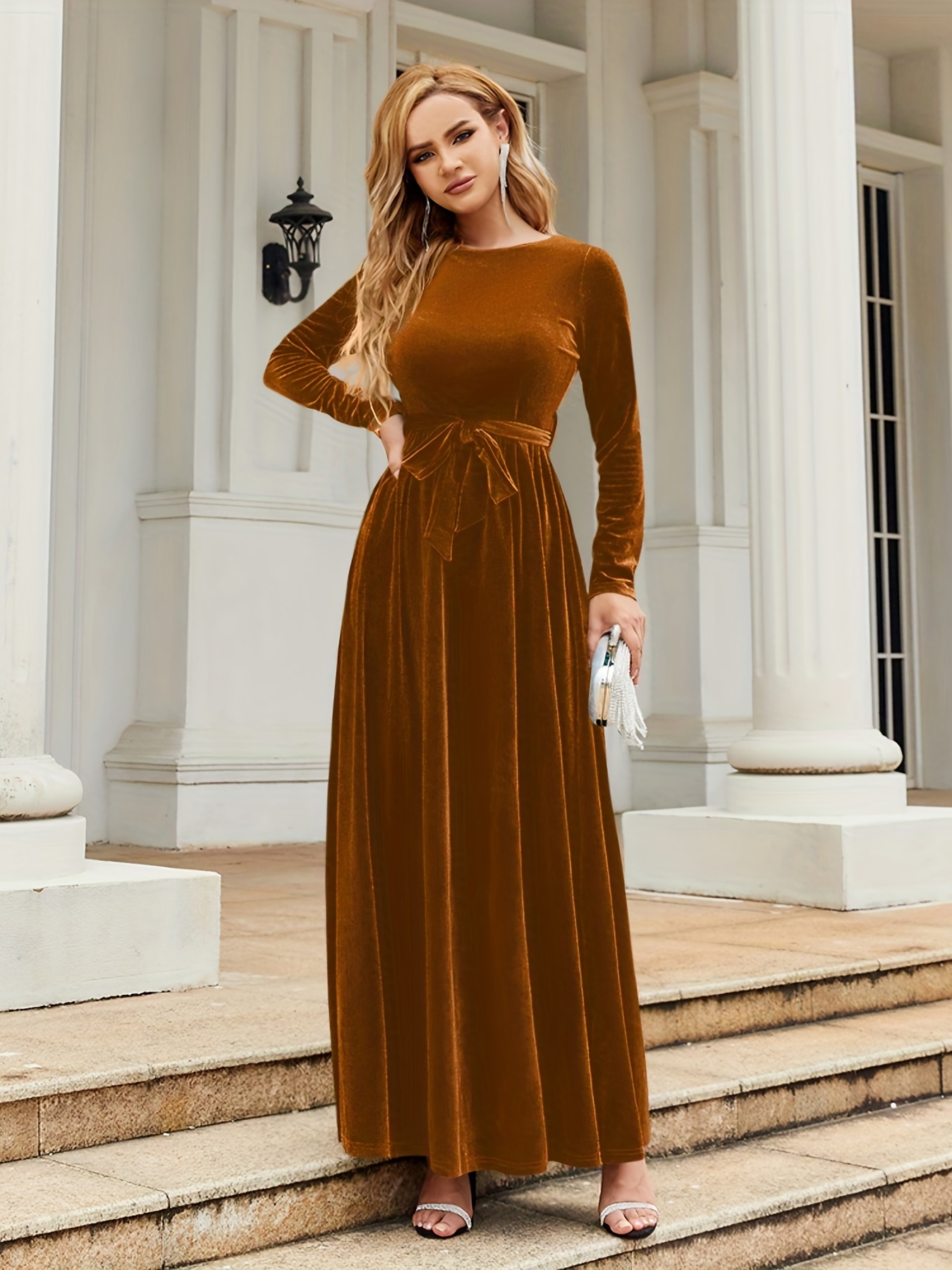 solid belted ankle dress elegant boat neck long sleeve dress - Temu  Netherlands