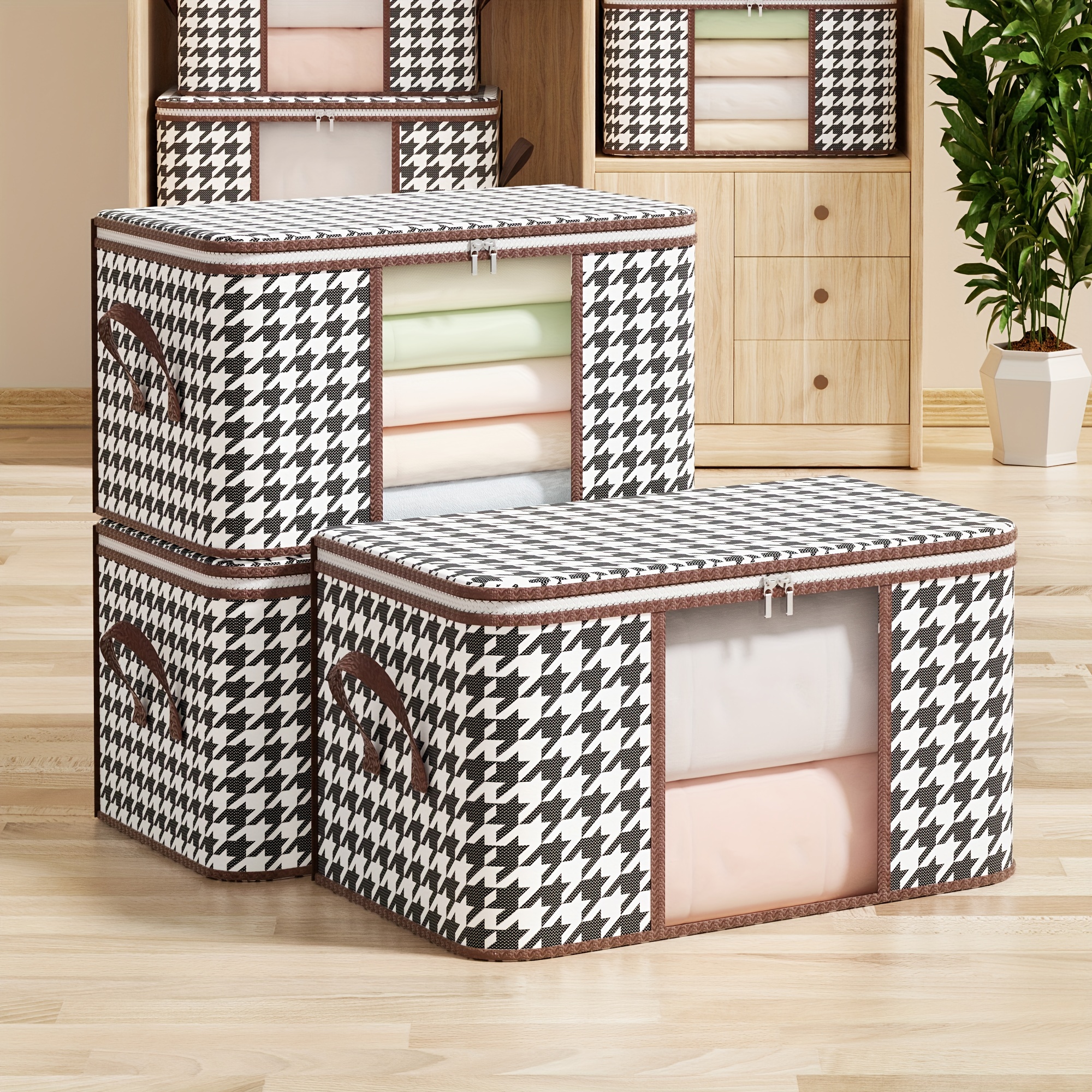 Houndstooth Blanket Storage Bags With Zipper, Foldable Comforter