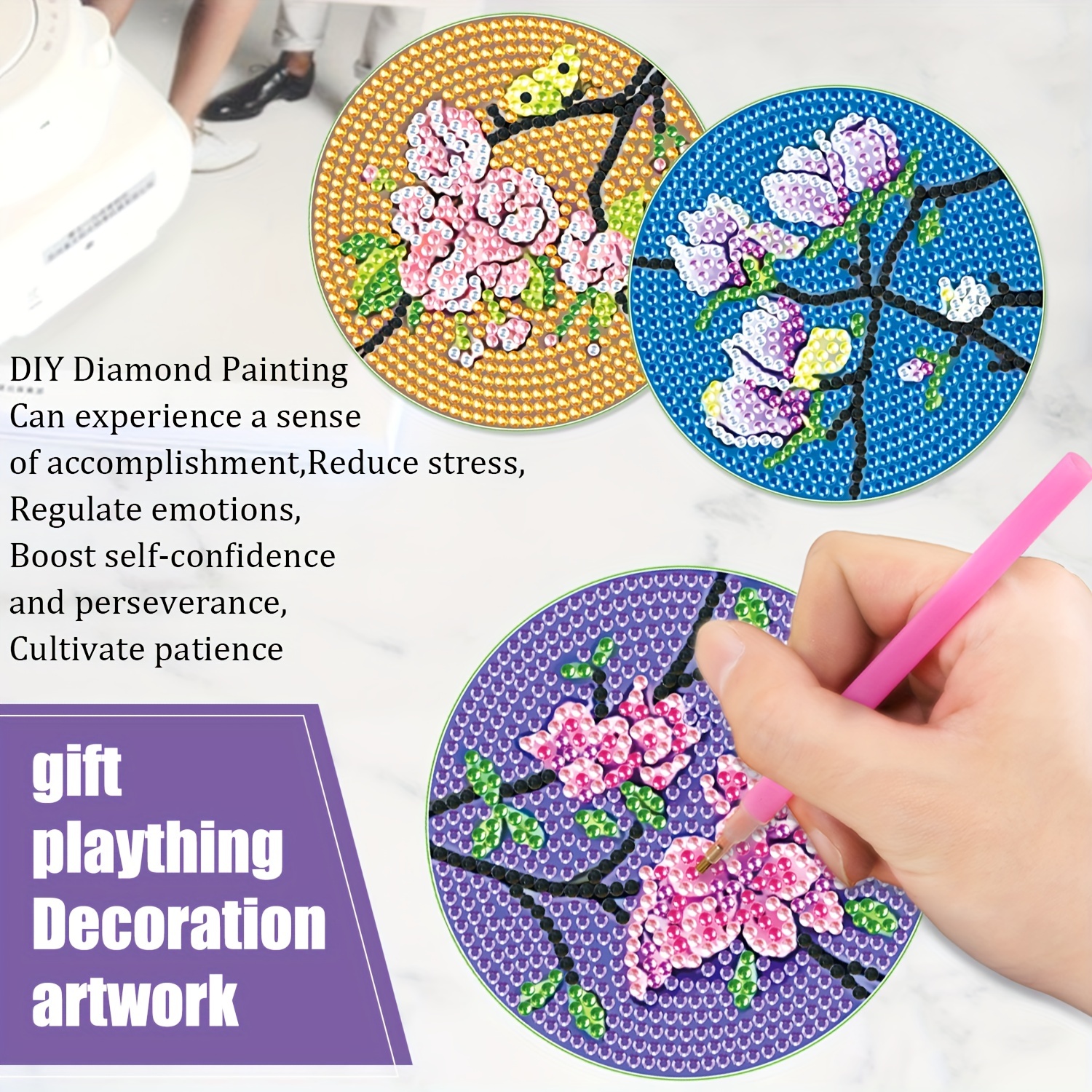 4PCS Diamond Painting Art Coaster Kit Acrylic Round Diamond