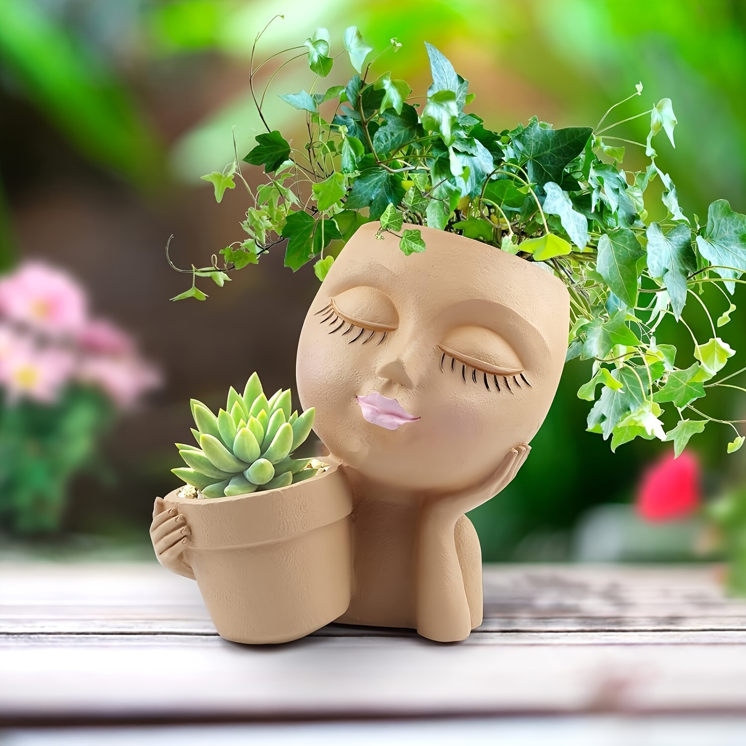 Pot de fleurs en forme de visage en résine pour intérieur et
