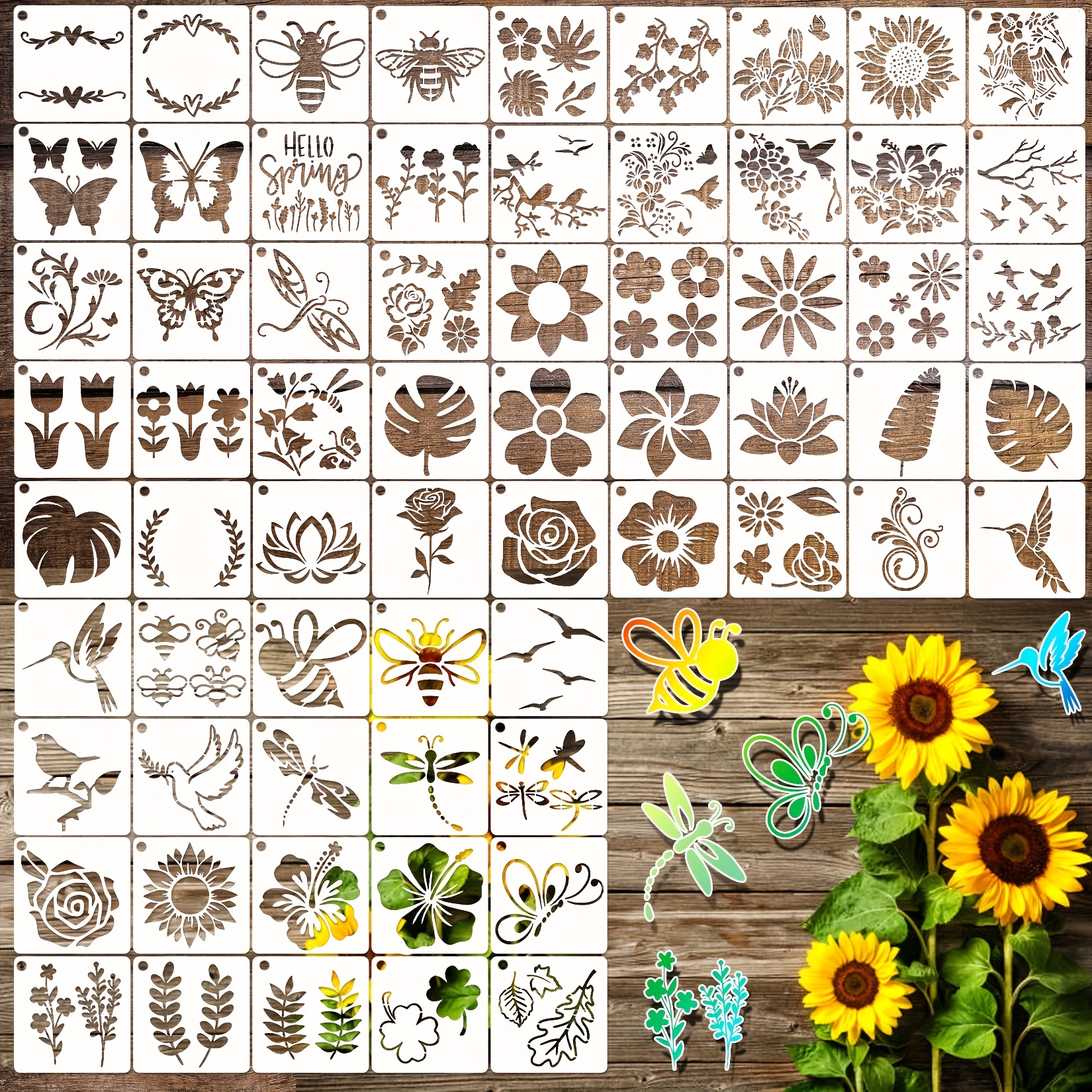 Flower Stencil,24 Pieces Birds Sunflower Floral Stencils Kit for Painting on Wood Canvas, Reusable Walls Branches Leaf Tree Rose Paint Drawings