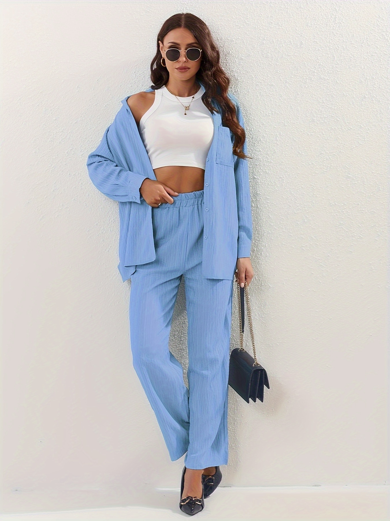 Solid Casual Two piece Set Button Front Long Sleeve Shirt - Temu