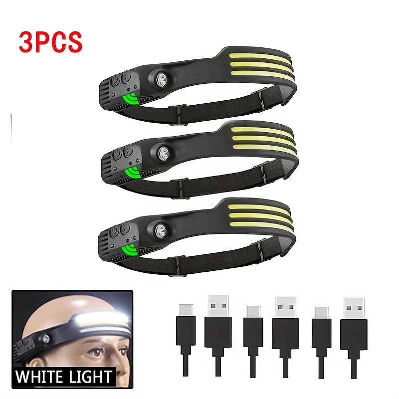 Linterna frontal Luz 2 * Cob + (blanco + rojo) recargable USB - cable Tipo  C, impermeable Lampara de cabeza, 4 modos (COB Doble)