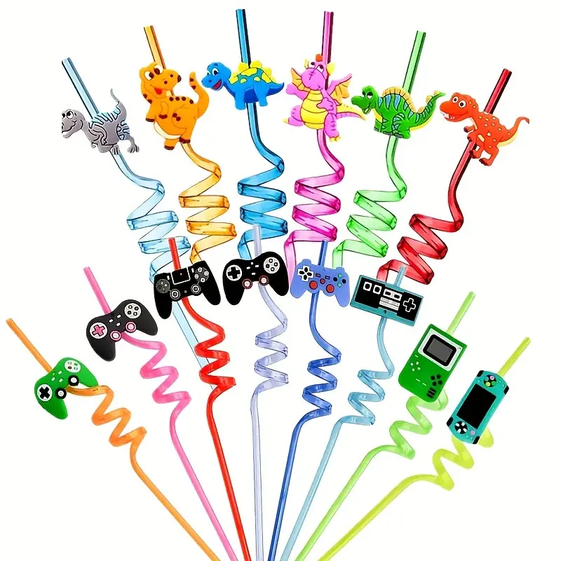 12pcs, Dinosaur Straws Plastic Dinosaur Straws For Safari Jungle Dinosaur  Theme Straws Video Game Party Favors Game Controller Drinking Straws Goodie