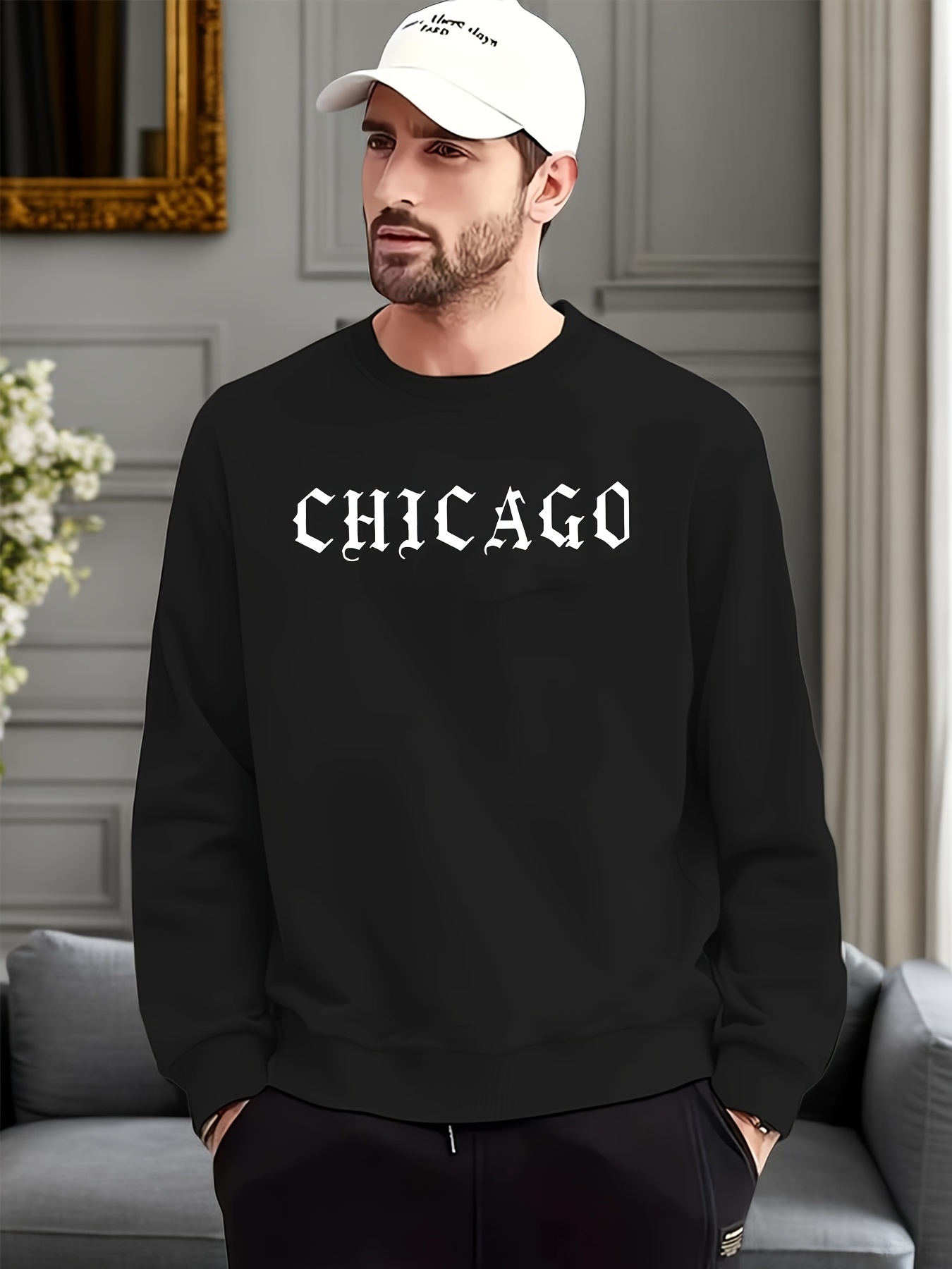 CHICAGOプリントトレンディースウェットシャツ、メンズカジュアル