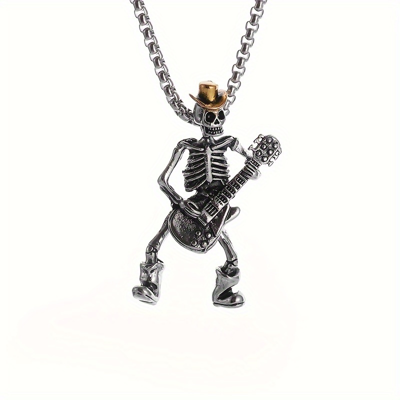 Image of 1pc Personalized Men's New Gothic Skeleton Guitarist Pendant Necklace Punk Street Hip-hop Dance Halloween Party Accessories Gift